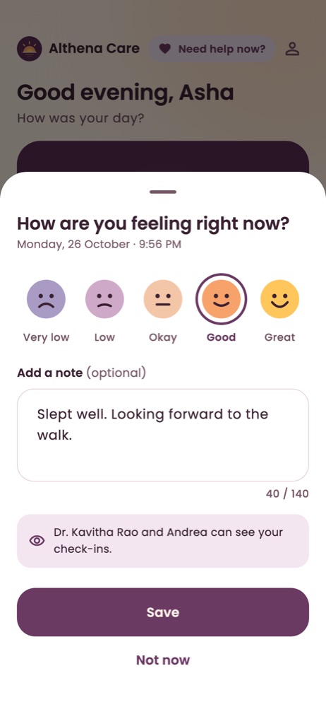 A mood check-in: five faces from Very low to Great and an optional note. Example data.
